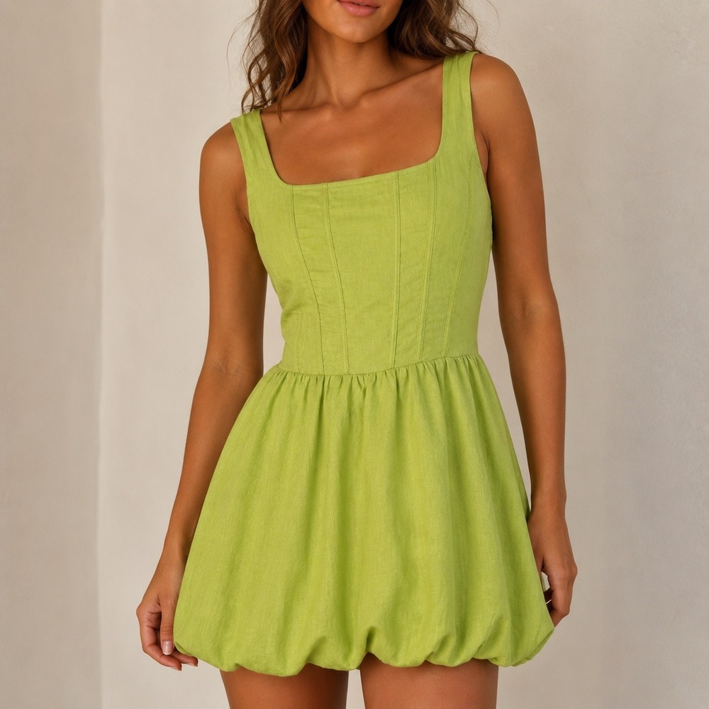 NWT Sincerely Jules Lime Green Bubble Hem Corset Mini Dress, Medium Linen Blend